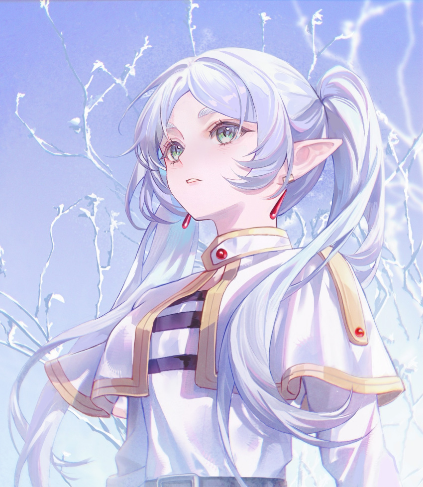 1girl, aikou_echo, bare_tree, belt, blue_sky, capelet, chinese_commentary, commentary
