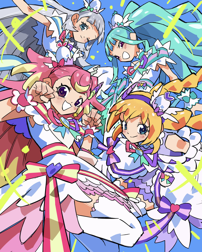 4girls, absurdres, aqua_hair, blonde_hair, blue_background, blue_eyes, braid, chieo