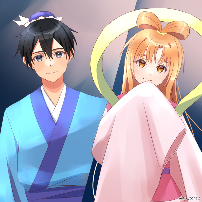 1bnoy, 1girl, alternate_costume, artist_name, asuna_(sao), black_hair, blue_hat, blue_kimono