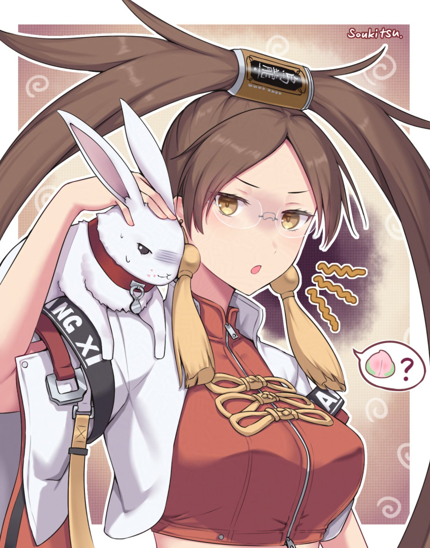 1girl, breasts, brown_eyes, brown_hair, chinese_clothes, commentary_request, crop_top, earrings