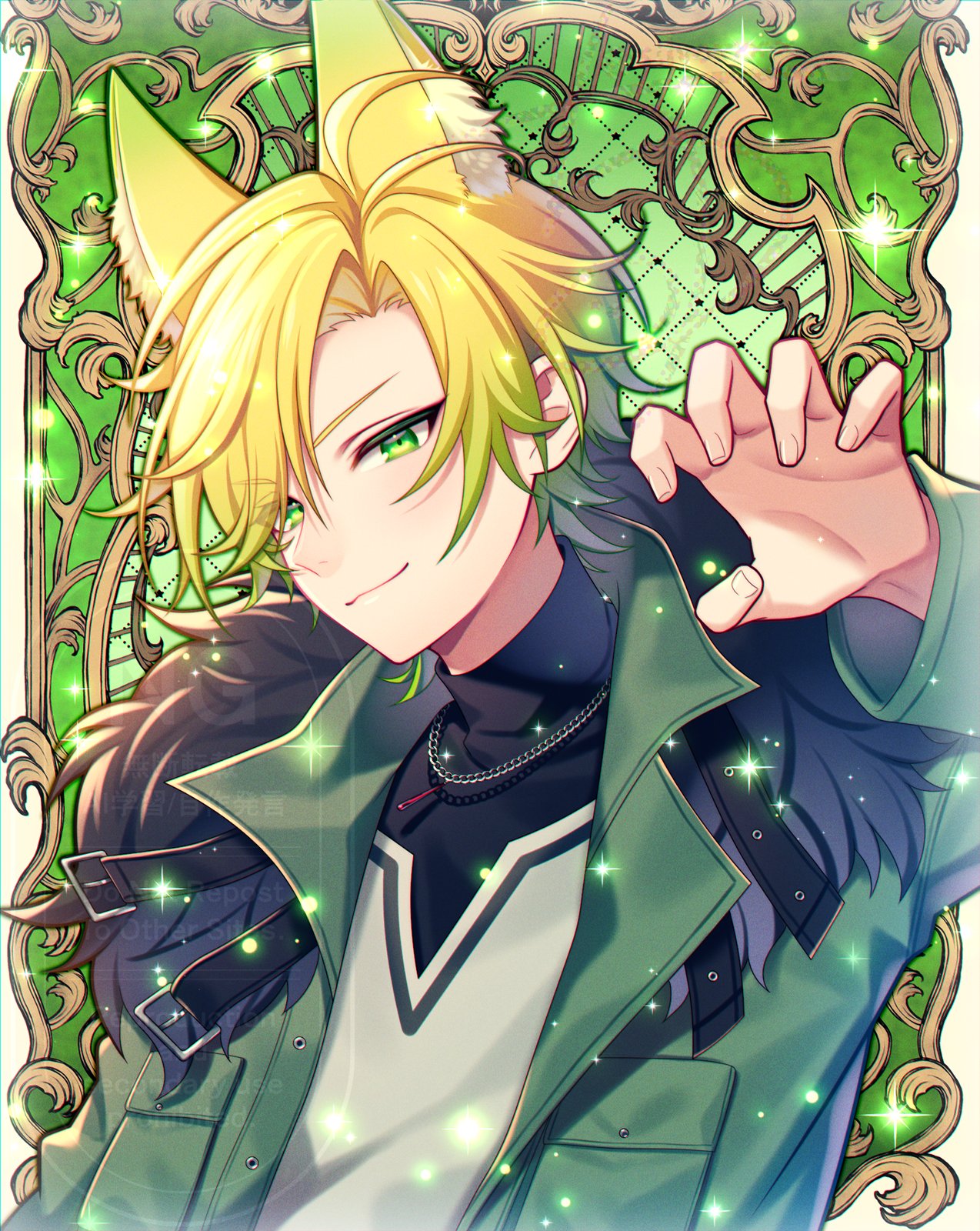 1boy, amptakxcolors, animal_ears, antenna_hair, blonde_hair, chain, chain_necklace, chiyu_(silverxxxx)