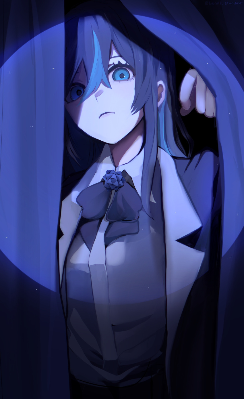 1girl, absurdres, ado_(utaite), black_hair, blank_stare, blue_eyes, blue_hair, bow, bowtie, bunni_stardust, chando_(ado), collared_shirt, crossed_bangs, curtains, expressionless, hair_between_eyes, hand_up, highres, jacket, long_hair, long_sleeves, looking_at_viewer, opening_curtains, shirt, sidelocks, solo, staring, upper_body, utaite, white_shirt