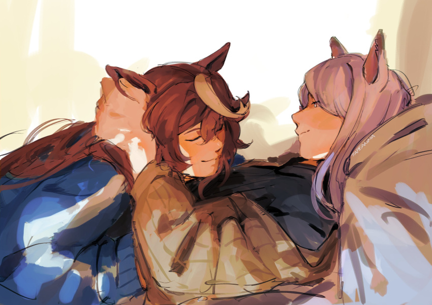 2girls, absurdres, animal_ears, black_shirt, blue_jacket, brown_hair, cardigan, face_on_another's_chest