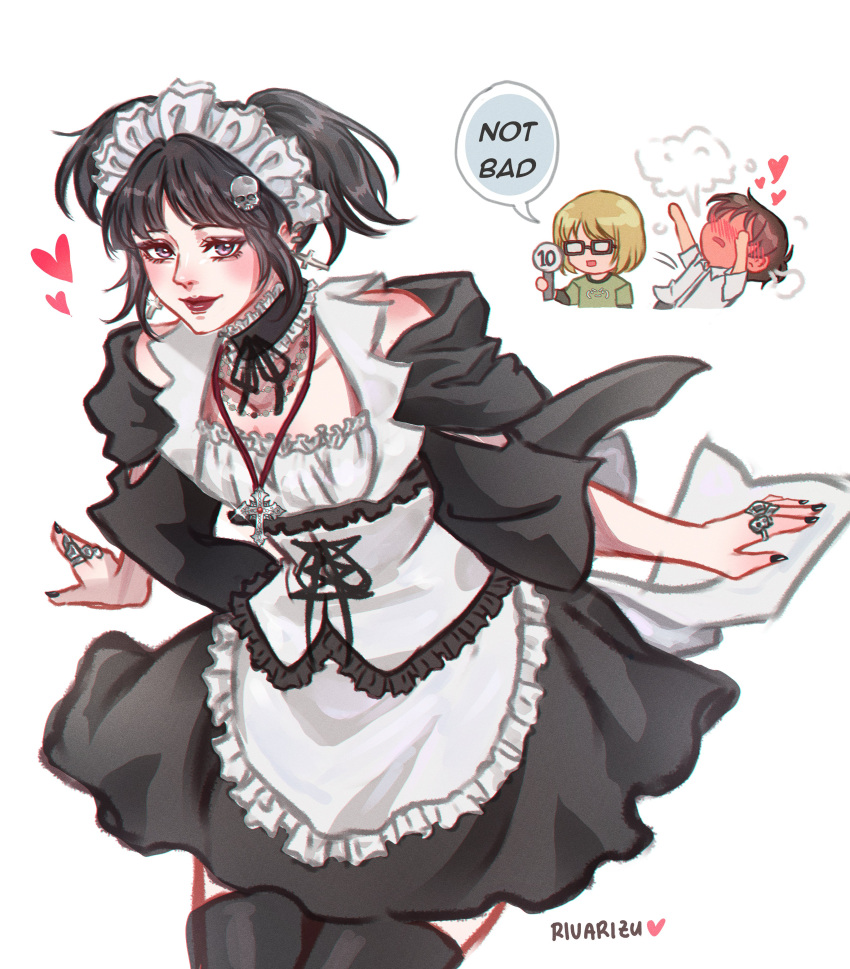 1girl, 2boys, absurdres, apron, armin_arlert, artist_name, black_choker, black_dress
