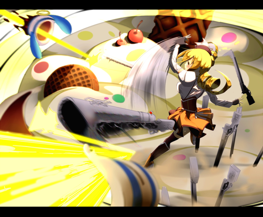 blonde_hair, boots, brown_legwear, cake, cherry, cookie, corset, detached_sleeves