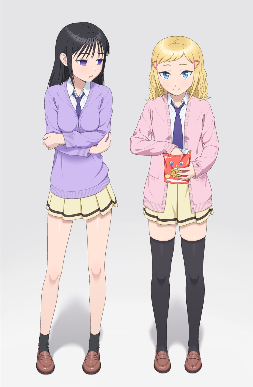 2girls, :t, absurdres, bag, black_hair, black_socks, black_thighhighs, blonde_hair, blue_eyes, breasts, brown_shoes, buttons, cardigan, closed_mouth, collared_shirt, commentary_request, crossed_arms, eating, empty_eyes, food, grey_background, hair_ornament, hairclip, highres, holding, holding_bag, ichikawa_masahiro, loafers, long_hair, long_sleeves, looking_at_another, looking_at_viewer, medium_breasts, medium_hair, mima_sachi, minami_koharu, miniskirt, multiple_girls, necktie, open_cardigan, open_clothes, open_mouth, paid_reward_available, pink_cardigan, pleated_skirt, purple_necktie, purple_sweater, school_uniform, shirt, shoes, sidelocks, simple_background, skirt, socks, standing, straight_hair, sweater, thigh-highs, tohato_caramel_corn, triangle_hair_ornament, violet_eyes, watashi_ga_motenai_no_wa_dou_kangaetemo_omaera_ga_warui!, wavy_hair, white_shirt, yellow_skirt, zettai_ryouiki