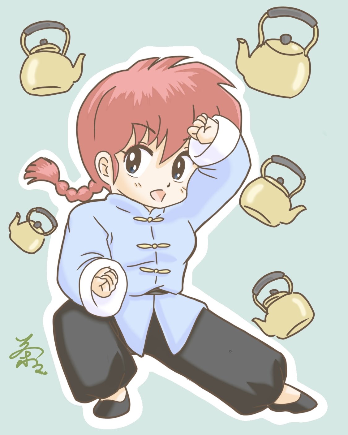 1girl, :d, arm_up, black_pants, black_shoes, blue_eyes, braid, chacha_r_a