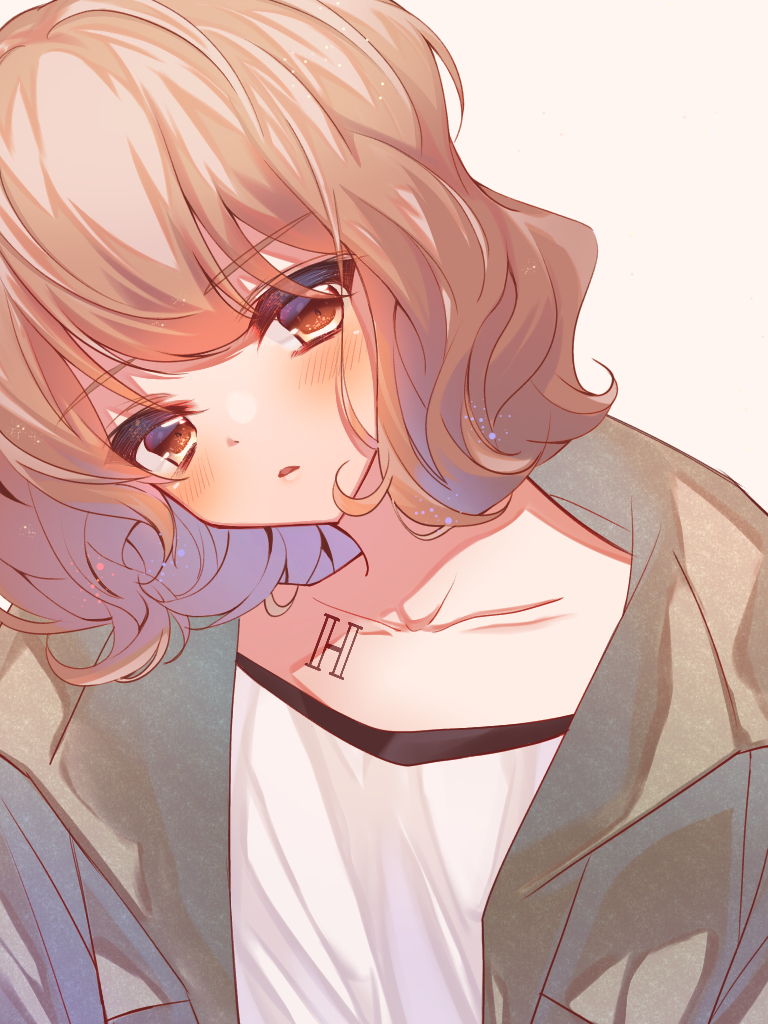 1girl, blush, brown_eyes, brown_hair, character_request, collarbone, collarbone_tattoo, commentary_request