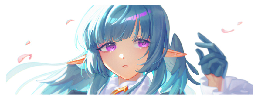 1girl, aqua_gloves, aqua_hair, celaeno_(genshin_impact), commentary, falling_petals, feathered_wings, genshin_impact, gloves, hand_up, head_wings, heart, heart-shaped_pupils, highres, long_hair, looking_at_viewer, nikalav_art, parted_lips, petals, pointy_ears, simple_background, solo, symbol-shaped_pupils, untranslatable_commentary, violet_eyes, white_background, wings