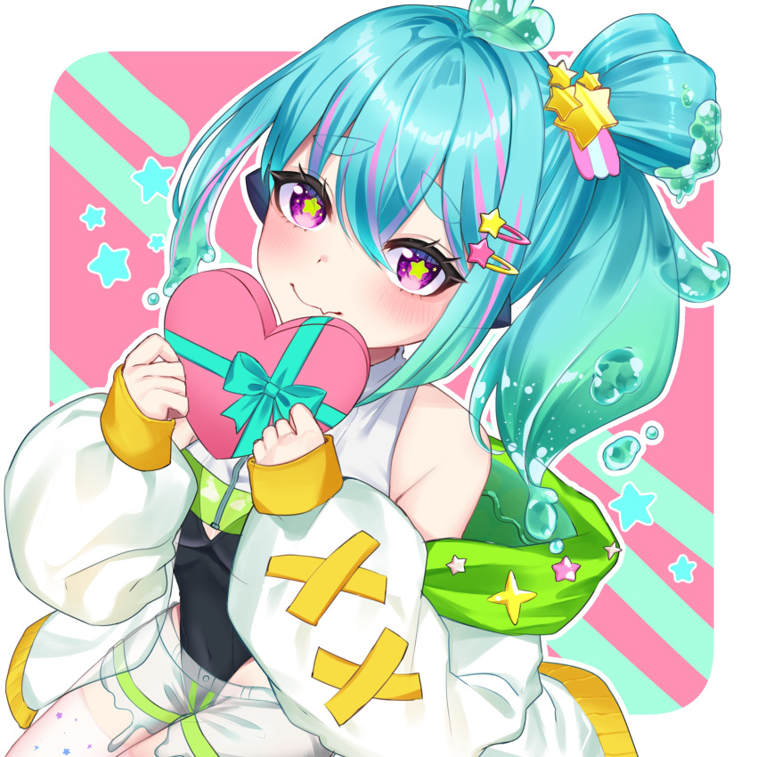 1girl, absurdres, beastiez, black_leotard, blue_hair, blush, box, breasts