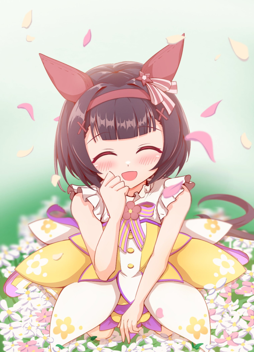 1girl, :d, ^_^, bare_shoulders, between_legs, birthday, black_hair, blunt_bangs