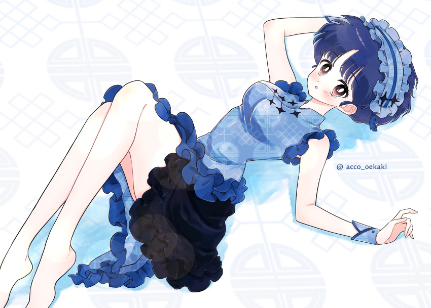 1girl, acco_oekaki, barefoot, blue_dress, blue_hair, blue_hairband, blue_wrist_cuffs, chinese_clothes
