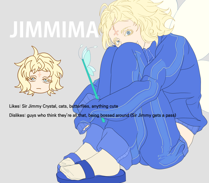 1girl, 28_years_later:_the_bone_temple, absurdres, blonde_hair, blue_eyes, blue_jacket, blue_pants, blue_sandals, blue_track_suit, character_name, commentary, english_commentary, english_text, facial_mark, fake_wings, forehead_mark, gaebaeg4, grey_background, highres, holding, holding_wand, inverted_cross_tattoo, jacket, jimmima, pants, sandals, sitting, sleeves_past_fingers, sleeves_past_wrists, socks, track_suit, wand, white_socks, wings