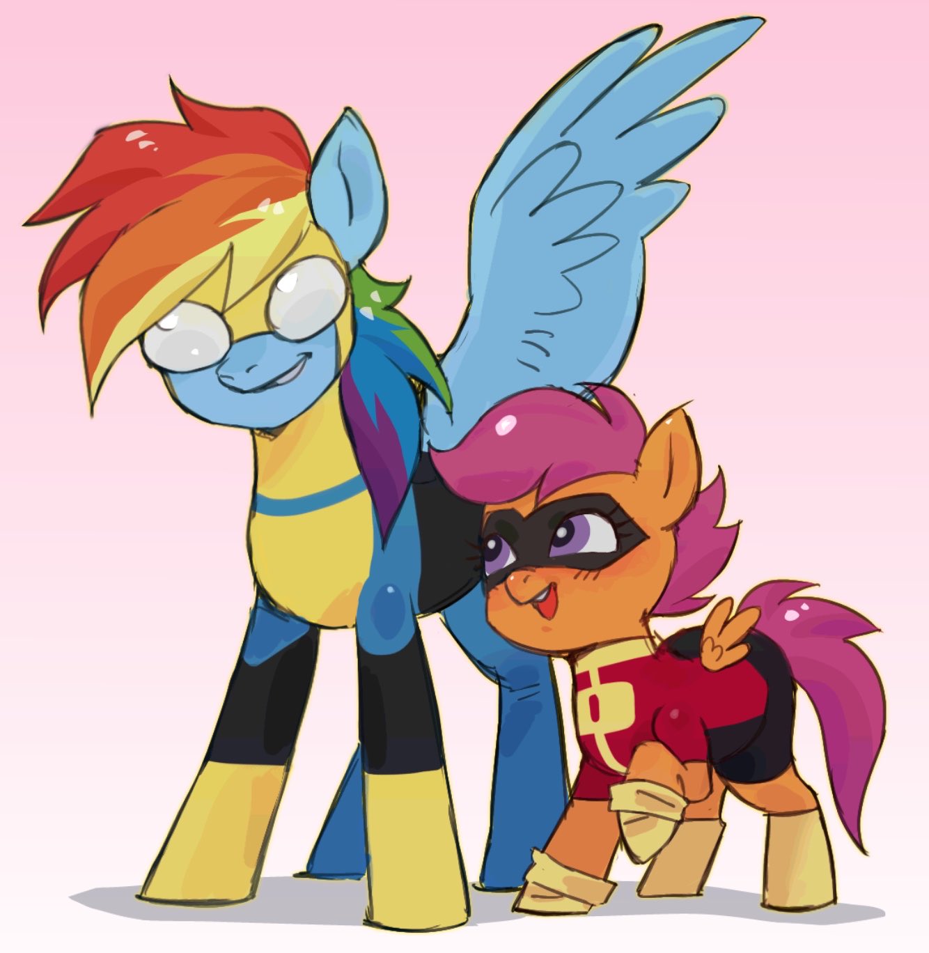 2girls, blonde_hair, blue_bodysuit, blue_fur, blue_hair, bodysuit, child, cosplay, domino_mask, eye_mask, feathered_wings, green_hair, grin, highres, horse_girl, horse_tail, invincible_(character), invincible_(character)_(cosplay), invincible_(series), mark_grayson, mask, mistigri0000, multicolored_bodysuit, multicolored_hair, multiple_girls, my_little_pony, my_little_pony:_friendship_is_magic, oliver_grayson, oliver_grayson_(cosplay), orange_fur, pegasus, purple_hair, rainbow_dash, rainbow_hair, red_bodysuit, red_hair, scootaloo, simple_background, smile, tail, teeth, two-tone_bodysuit, upper_teeth_only, violet_eyes, wings, yellow_mask
