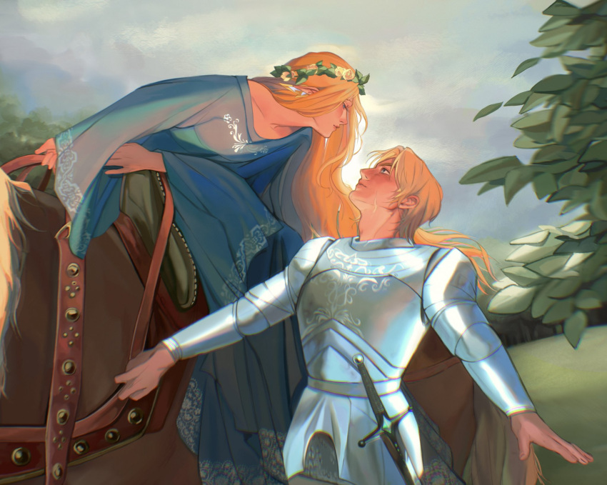 1boy, 1girl, alternate_costume, armor, blonde_hair, blue_dress, blue_eyes, blurry, breastplate, closed_mouth, commentary, day, depth_of_field, dress, english_commentary, eye_contact, fine_art_parody, flower, from_side, genshin_impact, half-closed_eyes, head_wreath, hetero, highres, holding, holding_reins, horse, horseback_riding, ijhojhui, la_belle_dame_sans_merci, leaf, lips, long_dress, long_hair, long_sleeves, looking_at_another, nicole_reeyn, outdoors, parody, plate_armor, pointy_ears, profile, reins, riding, saddle, scar, scar_on_face, short_hair, sidesaddle, sitting, sleeves_past_wrists, standing, sword, tree, vambraces, varka_(genshin_impact), weapon, white_flower, wide_sleeves
