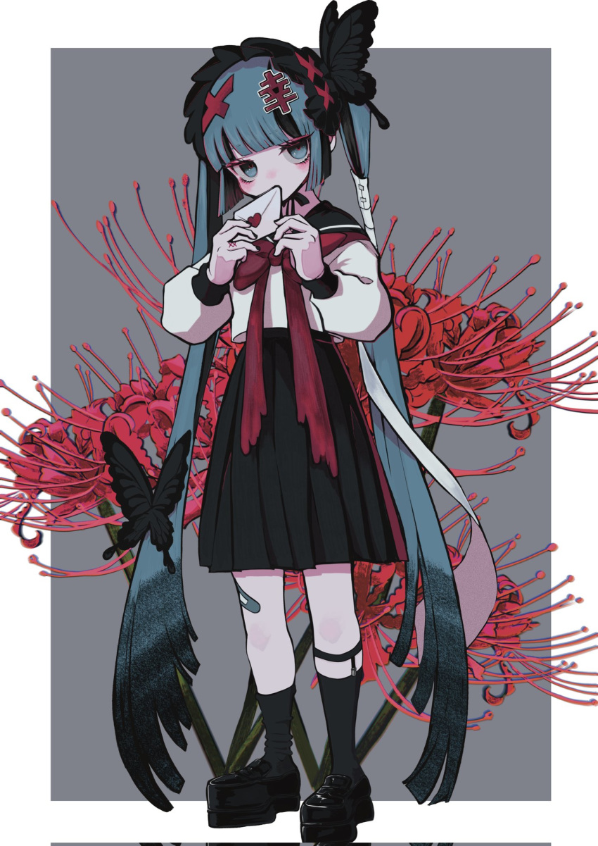 1girl, bandage_on_hair, bandaid, bandaid_on_leg, black_hairband, black_nails, black_sailor_collar, black_shoes