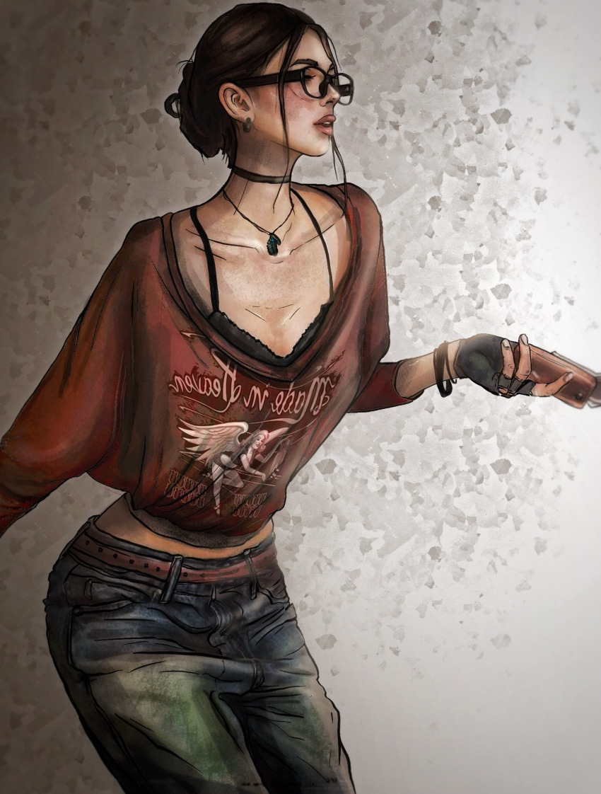 1girl, alternate_costume, bespectacled, black_gloves, brown_hair, claire_redfield, commentary, contrapposto, denim, earrings, fingerless_gloves, glasses, gloves, hair_bun, highres, holding, hoop_earrings, jeans, jewelry, kill4soul, looking_to_the_side, loose_hair_strand, midriff, necklace, pants, parted_lips, print_shirt, red_shirt, resident_evil, resident_evil_7:_biohazard, shirt, solo, spaghetti_strap, undershirt