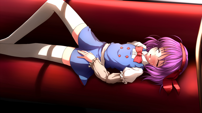 blush, bow, character_request, closed_eyes, couch, dress, female, hairband, highres, mille, purple_hair, salvia, short_hair, sleeping, solo, thigh-highs, thighhighs, touhou, uwabami_breakers, white_legwear, white_thighhighs, zettai_ryouiki