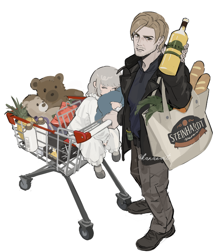 1boy, 1girl, bag, beard_stubble, black_coat, black_shoes, blue_shirt, bottle, bread, brown_hair, carrot, child, coat, commentary, dress, emily_(resident_evil), english_commentary, facial_hair, food, full_body, grey_hair, grey_pants, holding, holding_bottle, kanaewit, leon_s._kennedy, loaf_of_bread, looking_at_viewer, mature_male, pants, resident_evil, resident_evil_requiem, shirt, shoes, shopping_bag, shopping_cart, short_hair, stubble, stuffed_animal, stuffed_toy, teddy_bear, twitter_username, white_background, white_dress