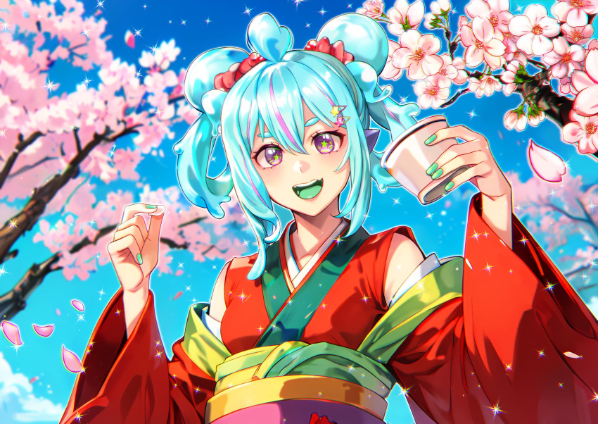 1girl, beastiez, blue_hair, breasts, cherry_blossoms, colored_tongue, detached_sleeves, double_bun