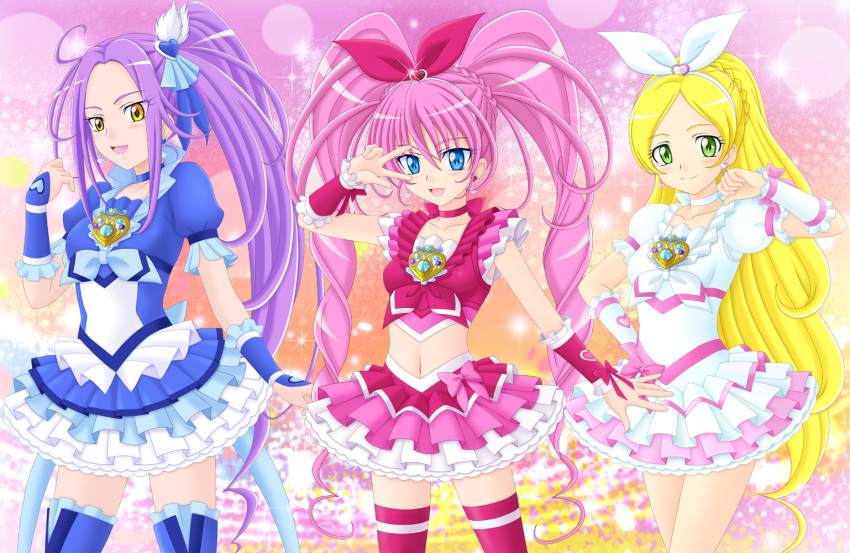 blonde_hair, blue_eyes, boots, cure_beat, cure_melody, cure_rhythm, green_eyes, houjou_hibiki