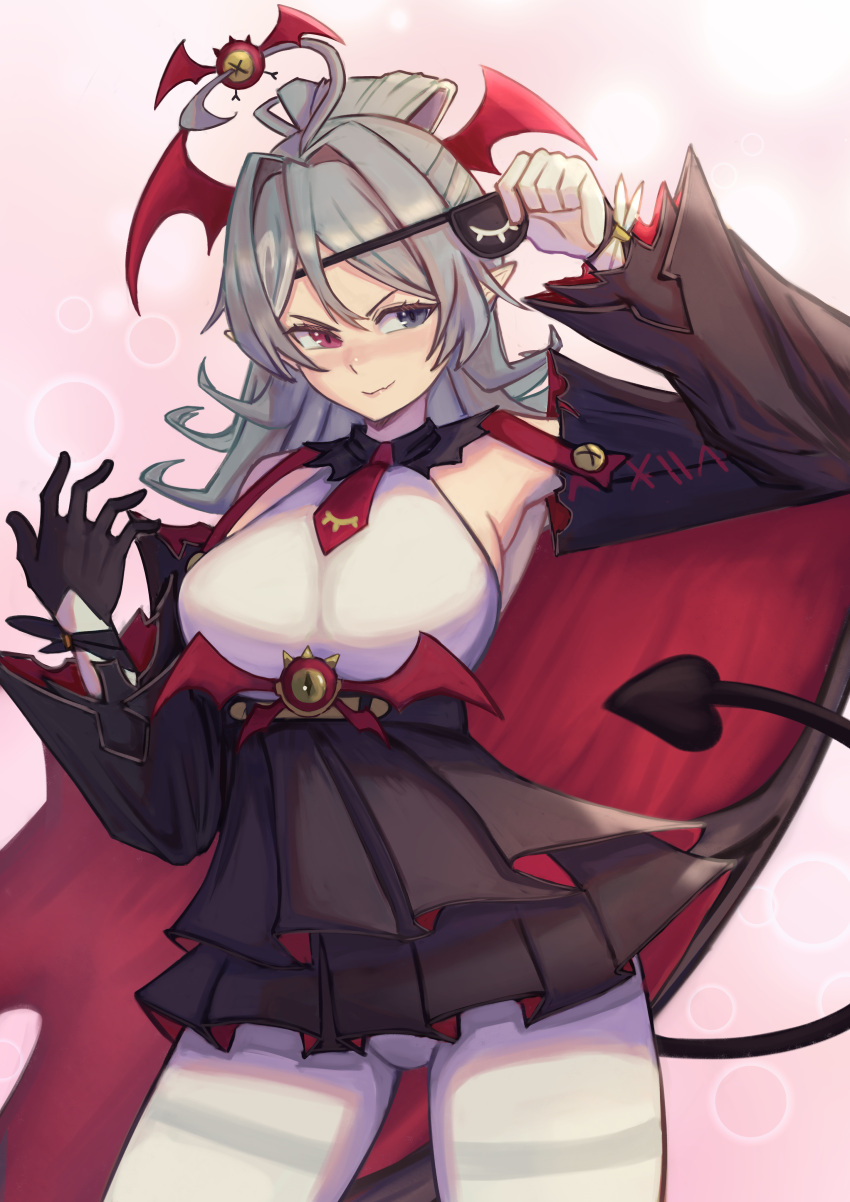 1girl, absurdres, ahoge, black_gloves, black_skirt, black_sleeves, blue_eyes, breasts