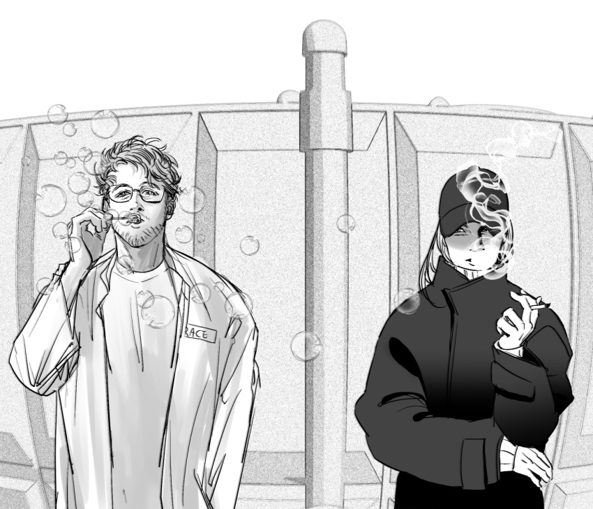 1boy, beard, beard_stubble, casual, cigarette, commentary_request, dsk2686, eva_stratt, facial_hair, highres, jacket, korean_commentary, messy_hair, monochrome, project_hail_mary, ryland_grace, smoking, stubble
