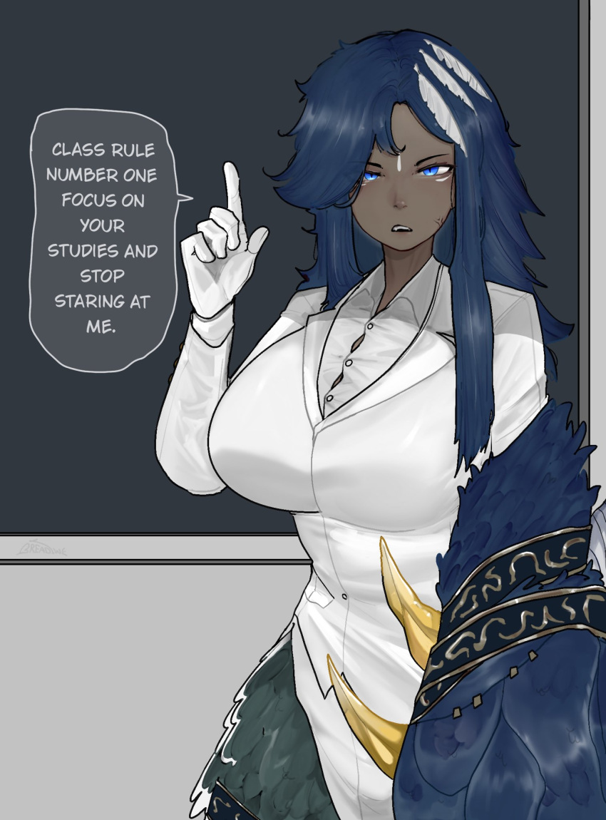 1girl, anger_vein, blue_eyes, blue_hair, breadiwe, breasts, button_gap, claw_(weapon)