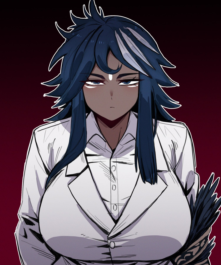 1girl, 7a_(se7ena), blue_eyes, blue_hair, breasts, collared_shirt, dark-skinned_female, dark_skin