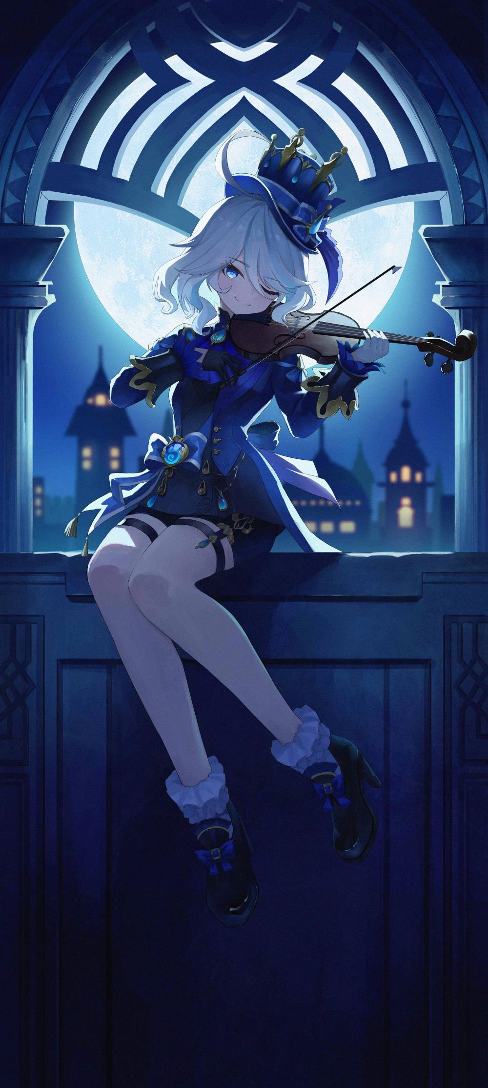 1girl, ;), ahoge, architecture, black_gloves, blue_bow, blue_bowtie, blue_dress