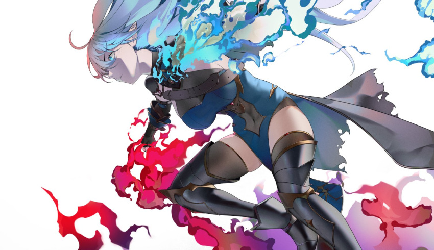 1girl, ahoge, armor, black_gauntlets, blue_dress, blue_eyes, blue_fire, breasts