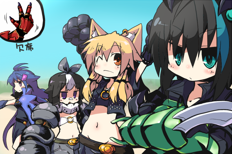 4girls, ankh_(ooo), black_hair, blonde_hair, blue_hair, flat_chest, gamel, genderswap, genderswap_(mtf), green_eyes, kamen_rider, kamen_rider_ooo_(series), kazari_(ooo), mezul, multiple_girls, nanateru, orange_eyes, personification, purple_eyes, ribbon, uva, violet_eyes