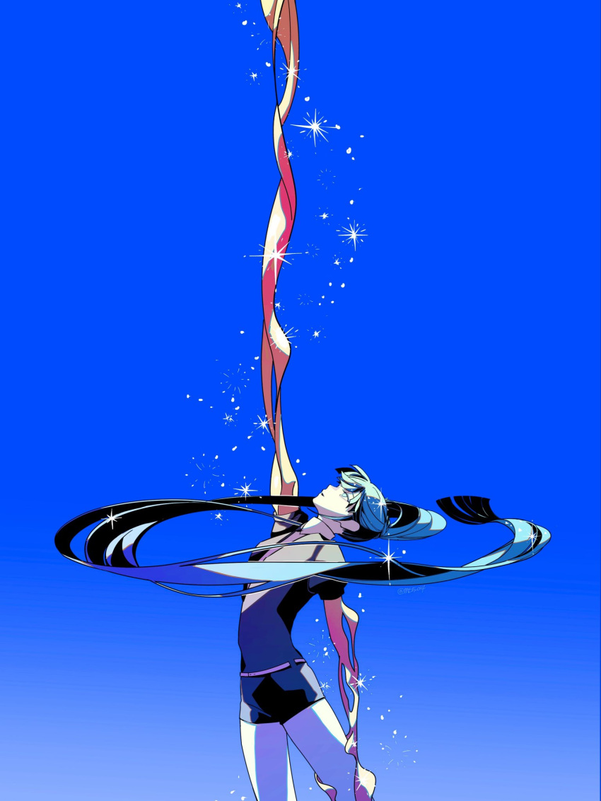 1other, androgynous, arm_up, belt, black_necktie, black_shorts, black_sweater, blue_background