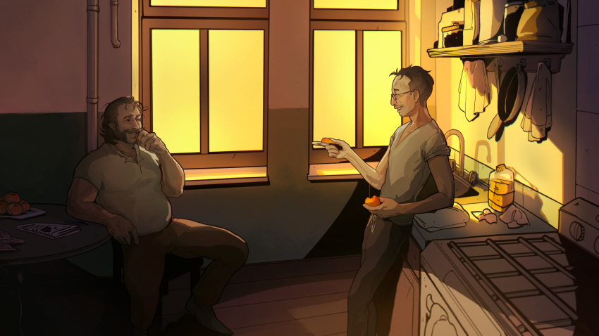 2boys, belly, black_hair, brown_hair, buzz_cut, collared_shirt, commentary, disco_elysium