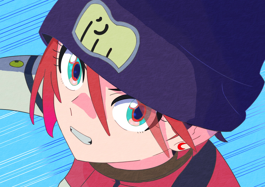 1girl, absurdres, amate_yuzuriha, beanie, blue_eyes, clenched_teeth, commentary_request, earrings