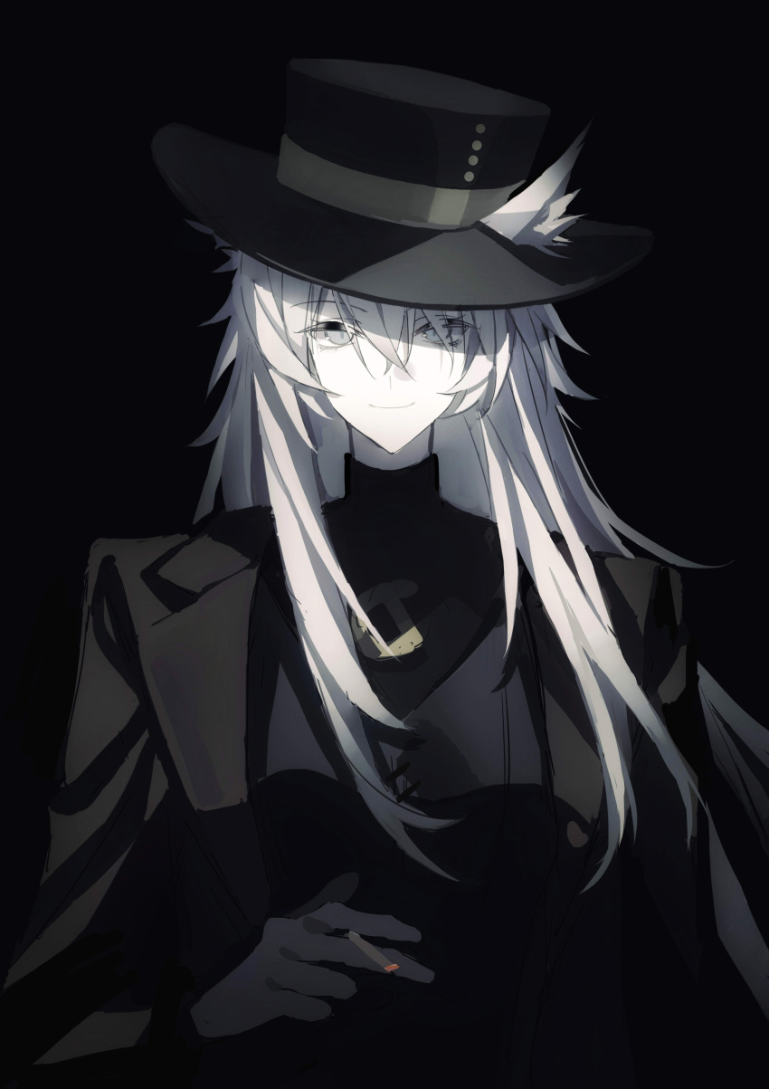 1girl, absurdres, ambience_synesthesia, animal_ears, arknights, between_fingers, black_background, black_hat