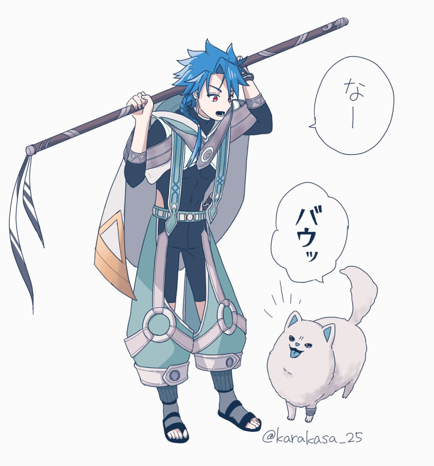 1boy, :o, black_unitard, blue_hair, cape, commentary_request, cu_chulainn_(fate), dog