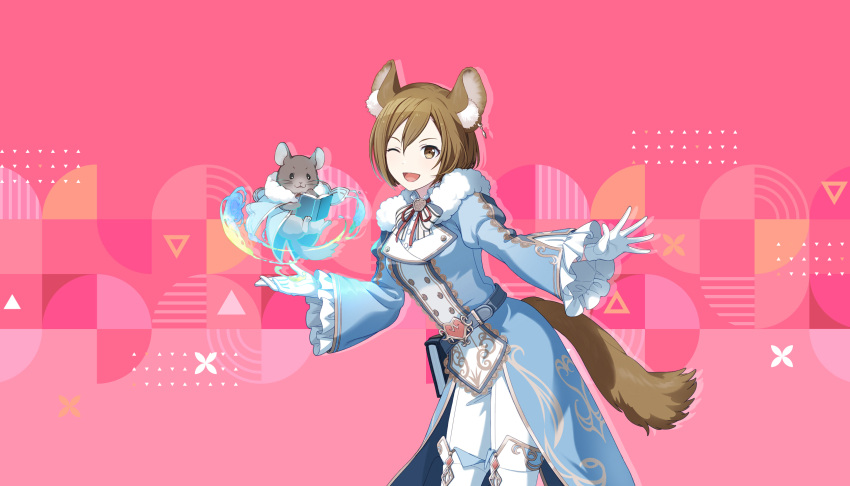 1girl, :d, animal_ear_fluff, animal_ear_piercing, blue_dress, book, brown_eyes, brown_hair