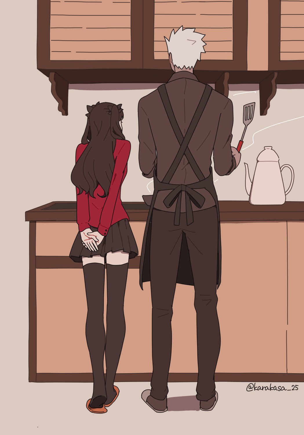 1boy, 1girl, apron, archer_(casual_wear)_(fate), archer_(fate), arms_behind_back, black_apron, black_hair