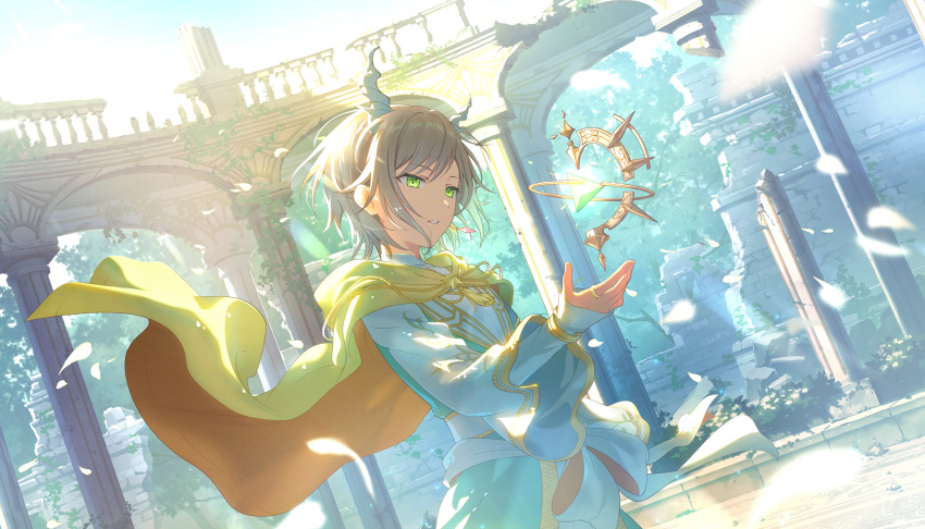 1girl, blurry, cape, colorful_palette, connect_hearts_message_(project_sekai), depth_of_field, game_cg, green_eyes