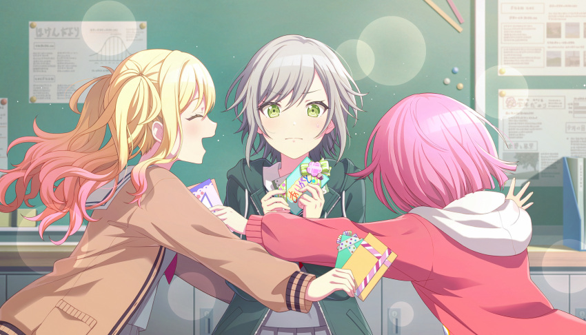3girls, blonde_hair, blurry, bob_cut, bokeh, brown_cardigan, cardigan, colorful_palette