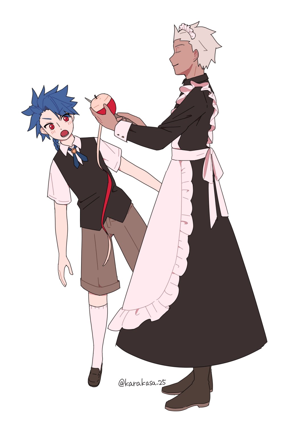 2boys, :o, apple, apron, archer_(fate), black_vest, blue_hair, boots