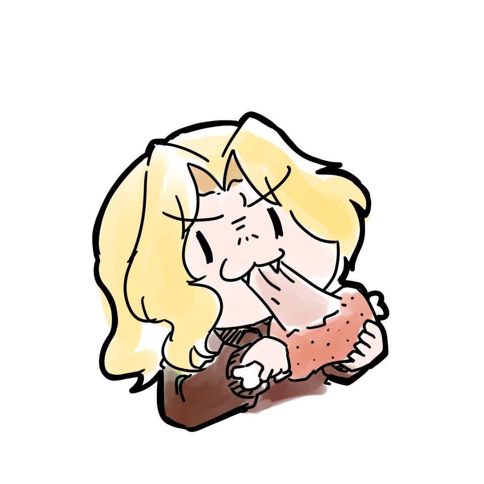 >:), 1girl, 7654_dog, :3, blonde_hair, boned_meat, brown_jacket, chibi