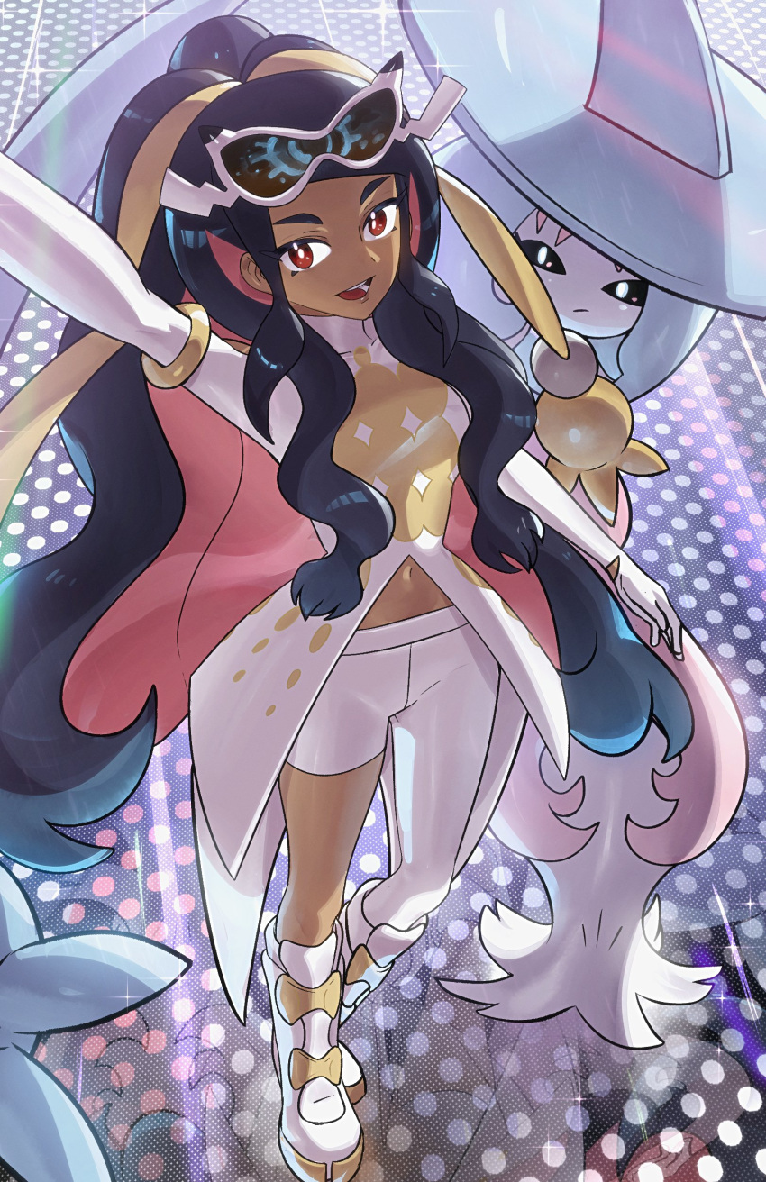 2girls, absurdres, armlet, black_eyes, black_sclera, boots, caraway_(pokemon), colored_sclera
