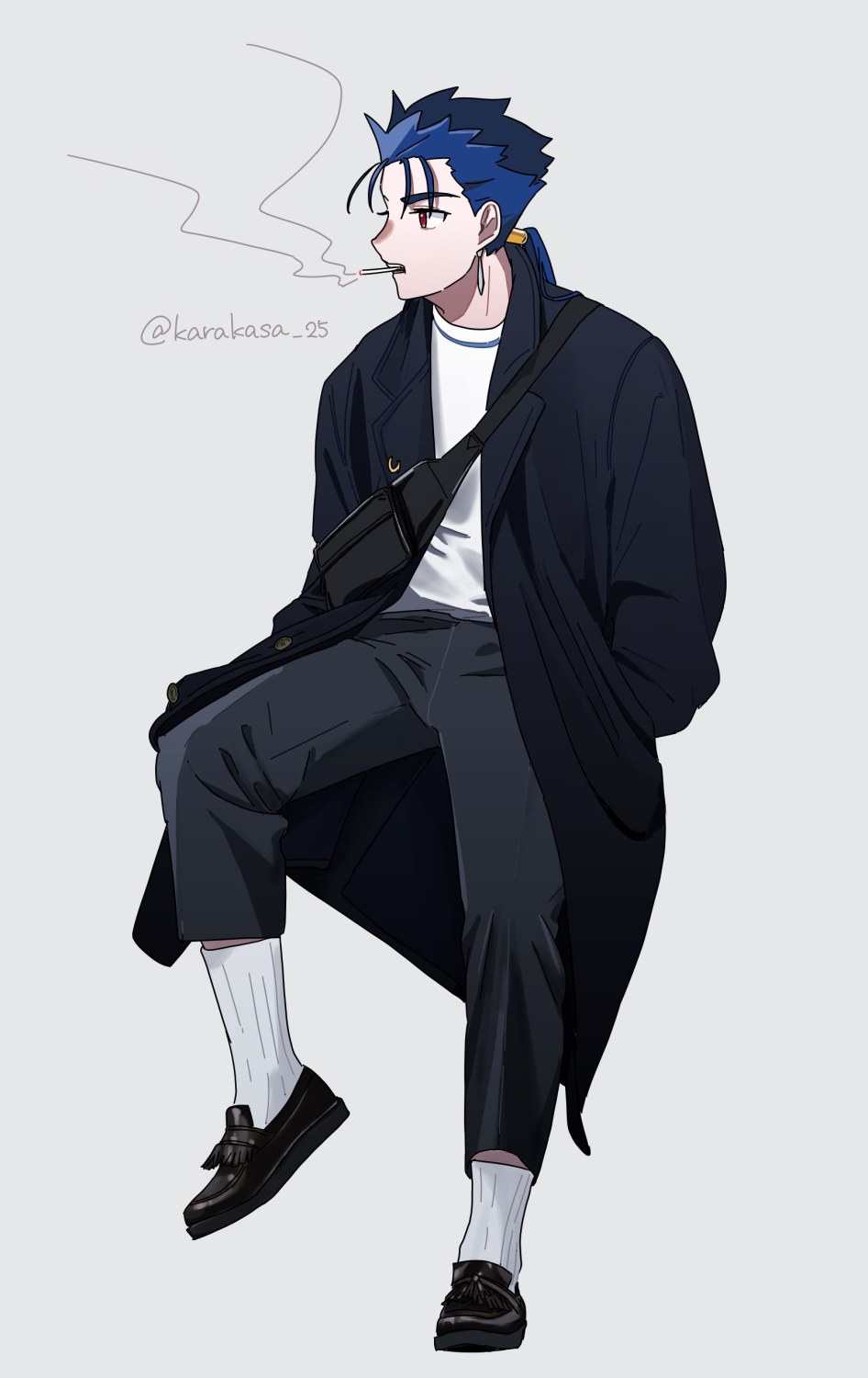 1boy, black_coat, black_pants, black_shoes, blue_hair, casual, cigarette, coat