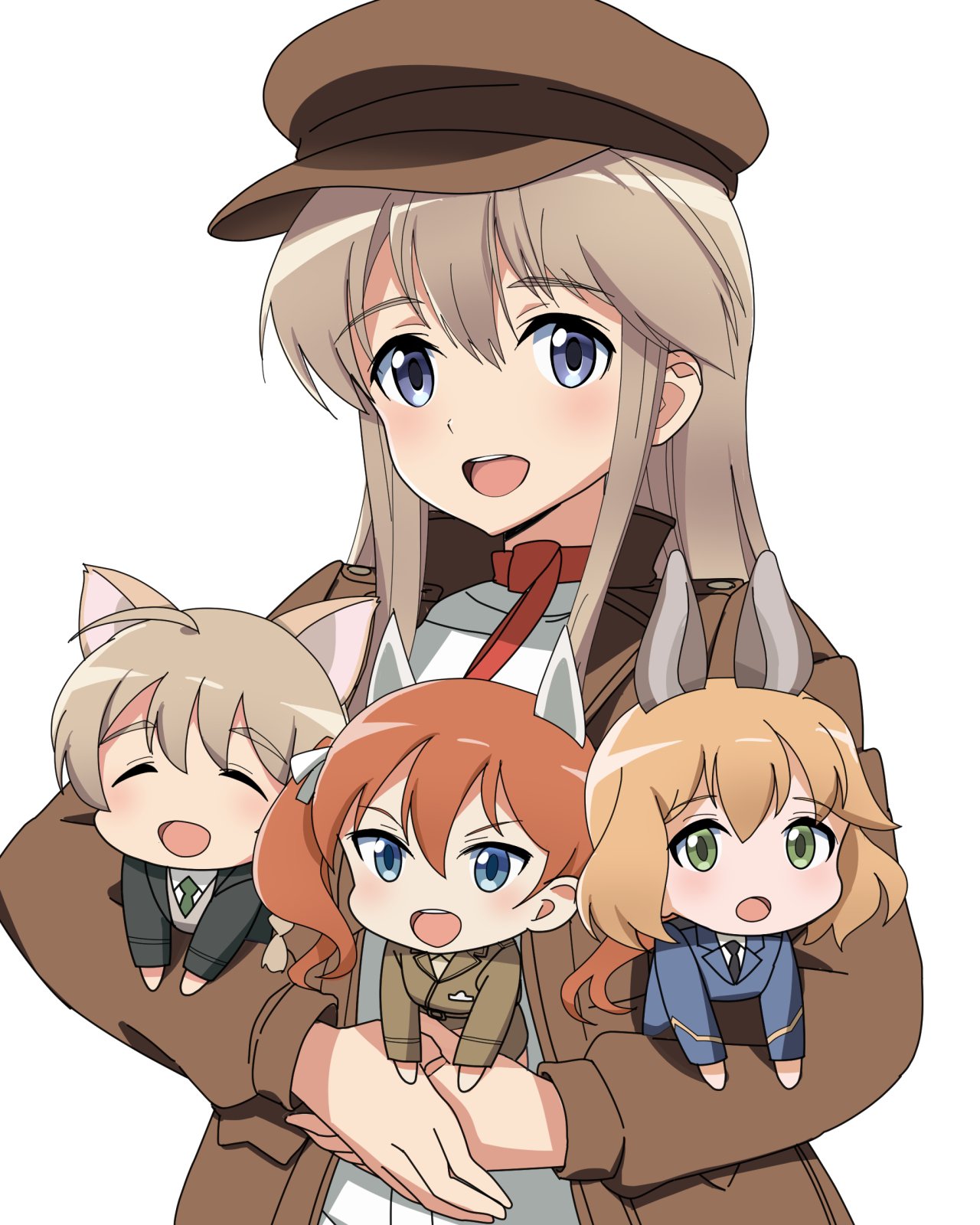 4girls, amelie_planchard, animal_ears, black_jacket, blue_eyes, blue_jacket, braid, brown_hair