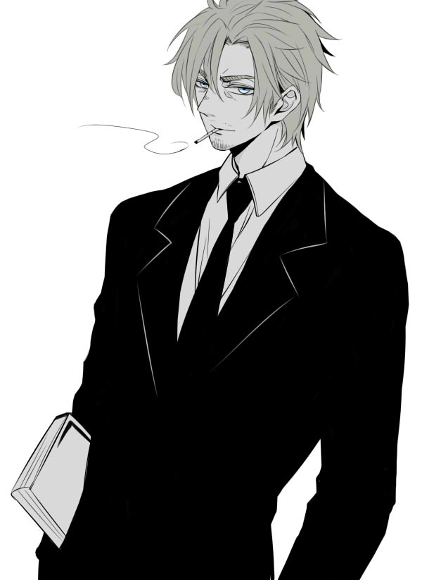 1boy, beard_stubble, black_jacket, black_necktie, blazer, blonde_hair, blue_eyes, book