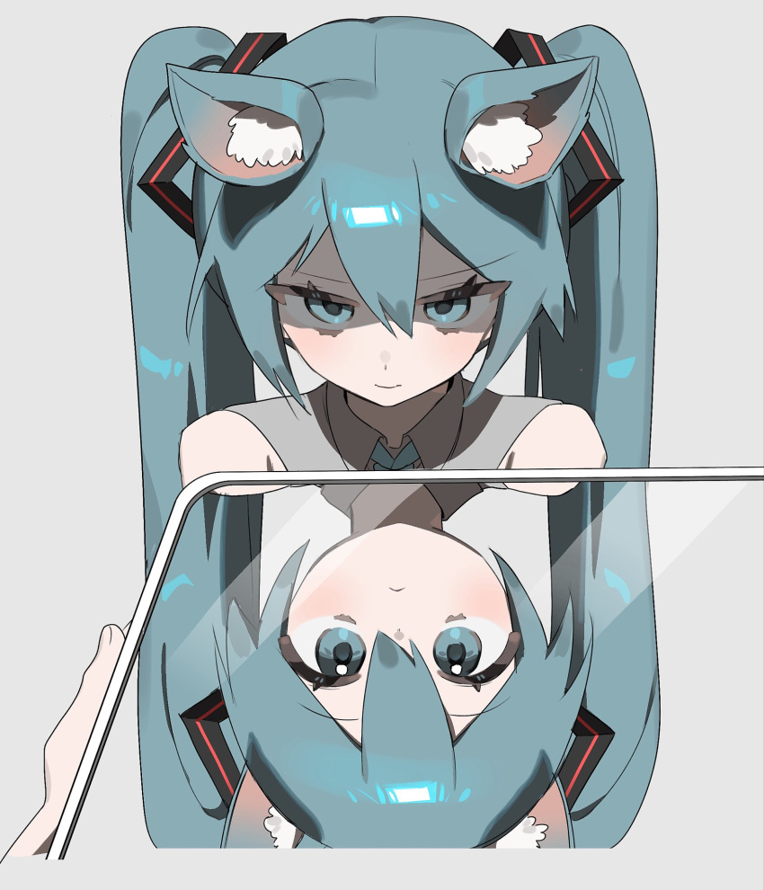 1girl, animal_ear_fluff, animal_ears, aqua_eyes, aqua_hair, aqua_necktie, cat_ears, collared_shirt, commentary_request, double-parted_bangs, grey_shirt, hair_between_eyes, hatsune_miku, highres, holding, holding_mirror, jjeogi38, long_hair, looking_at_viewer, mirror, necktie, reflection, shirt, solo_focus, twintails, vocaloid