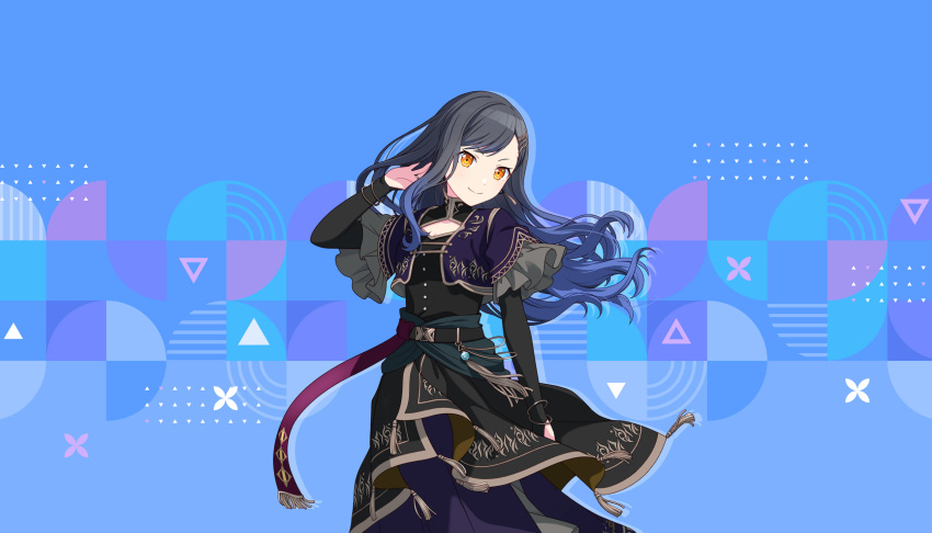 1girl, aim_higher_and_higher!_(project_sekai), black_dress, black_hair, blue_background, blue_hair, closed_mouth, colorful_palette