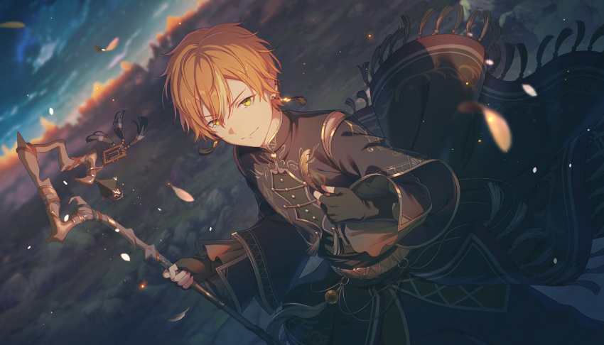 1boy, aim_higher_and_higher!_(project_sekai), black_gloves, blonde_hair, blurry, closed_mouth, colorful_palette, depth_of_field